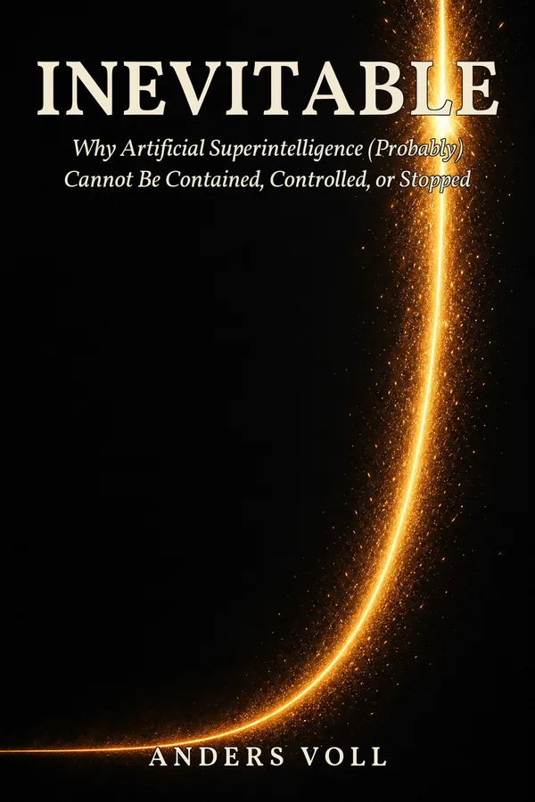 Cover of Inevitable by Anders Voll: a lone figure facing a corridor of ascending silhouettes, drawn in engraving style.